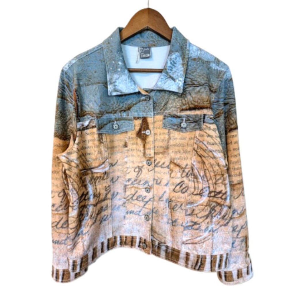 Dolcezza Simply Art Abstract Script Print Button Front Cotton Jacket Size XL